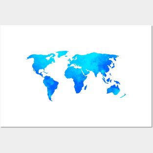 Blue World Map Posters and Art